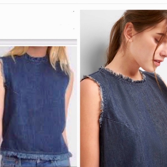 GAP Crop Denim Top with Raw Edge Sleeve, Hem & Zipper Back in Dark Wash — S - Picture 12 of 12